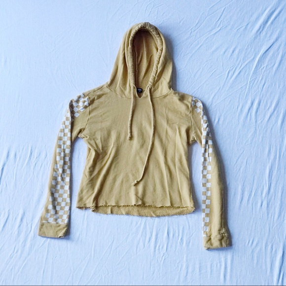 Fashion Nova Tops - Mustard Checker Sleeve Cropped Hoodie